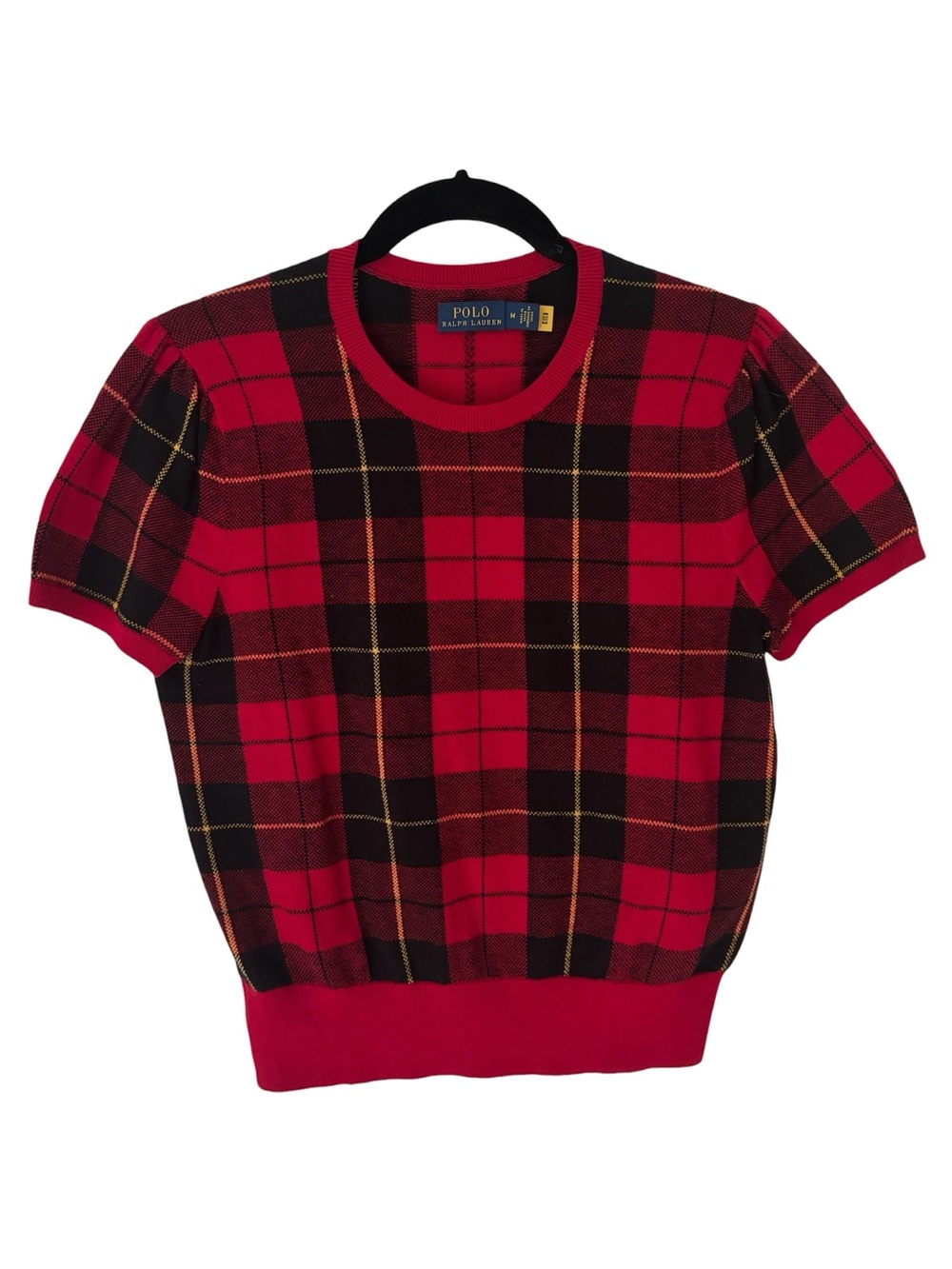 Polo by Ralph Lauren Red & Black Plaid Short Sleeve Wool Cotton Knit Sweater Top